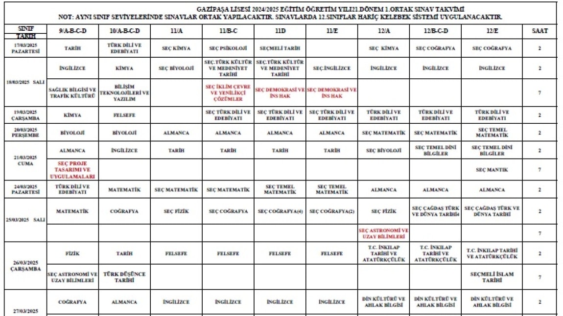 2024-2025 Eğitim Öğretim Yılı 2.Dönem 1.Sınav Programı Belli Oldu